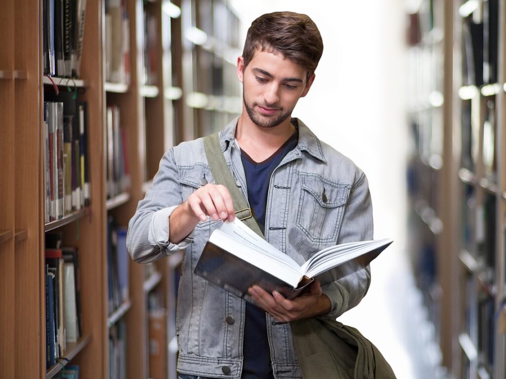 college student, library, man